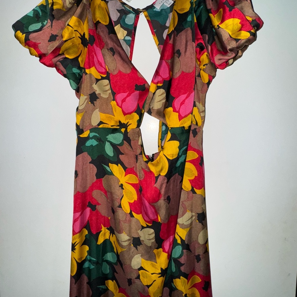 Topshop Bold Floral Tie Front Midi Dress Puff Sleeve Multi